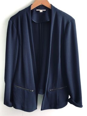 Sejour Womens Navy Blue knit open front cardigan jacket blazer zip pocket casual